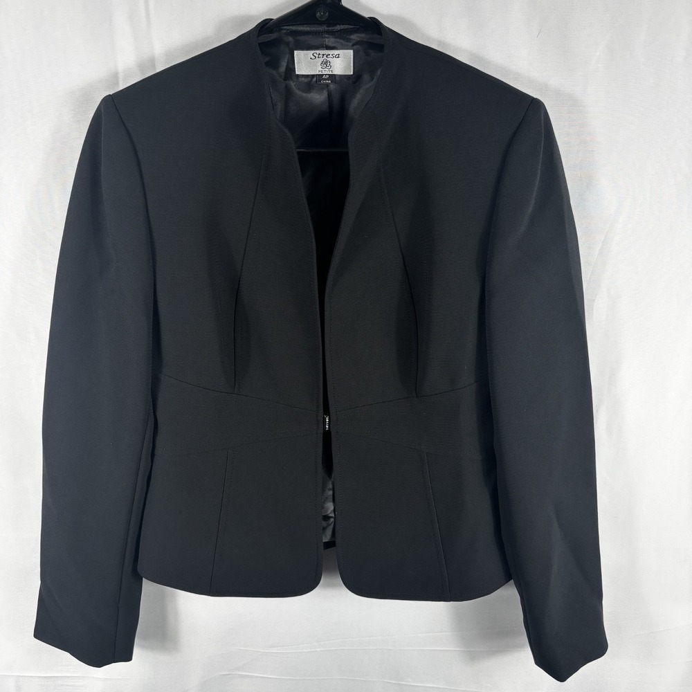 Stresa Petite Women's Black Collarless Fitted Peplum Blazer Jacket Size 6P